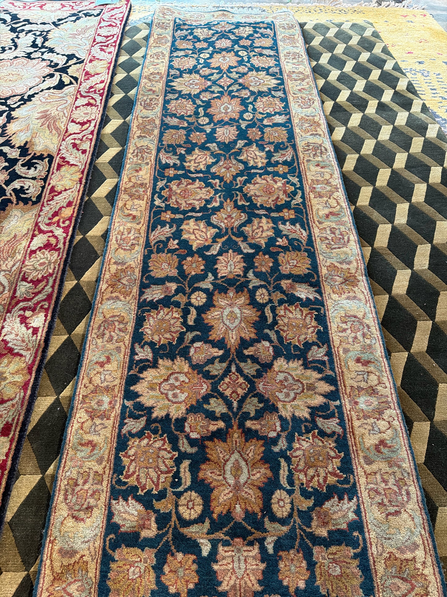 Teal Green and Tan Runner 2.5' x 10'