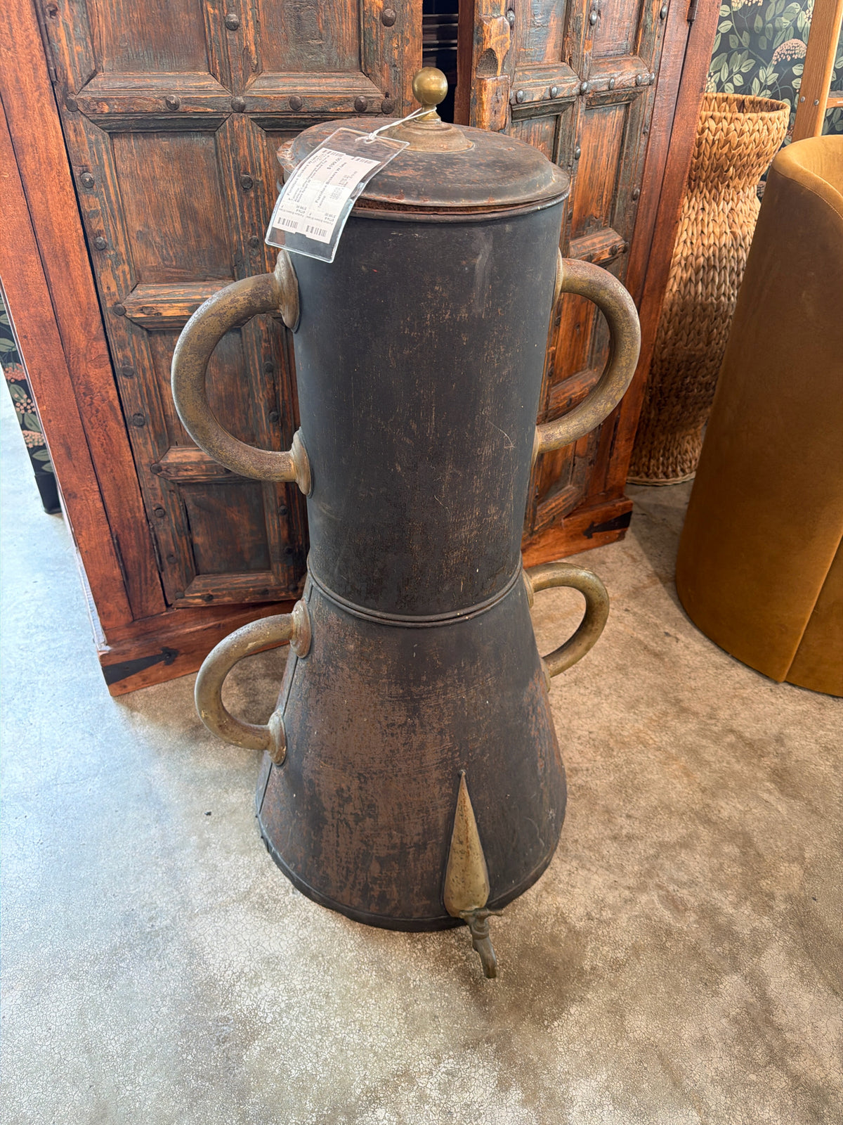 Antique Coffee Dispenser Black Iron w/ Brass Spigot 36" from  Round Top