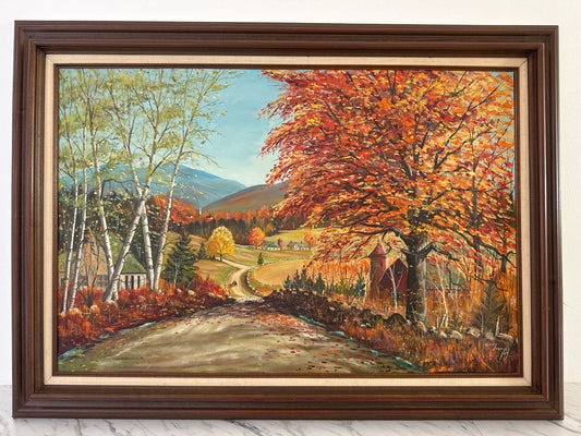 Original Oil Painting of Fall Woods Village Scene (signed, 44" x 31")