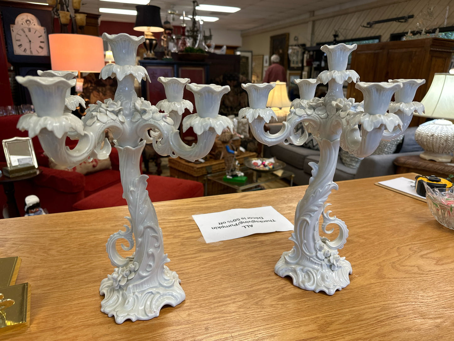 PAIR - Vintage Italian Porcelain White Candelabras