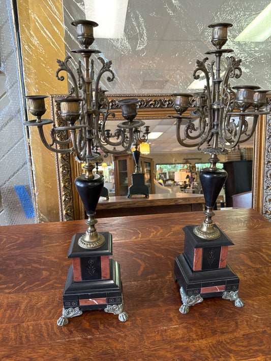 PAIR of Brass and Black Marble 5-Lite Candelabras