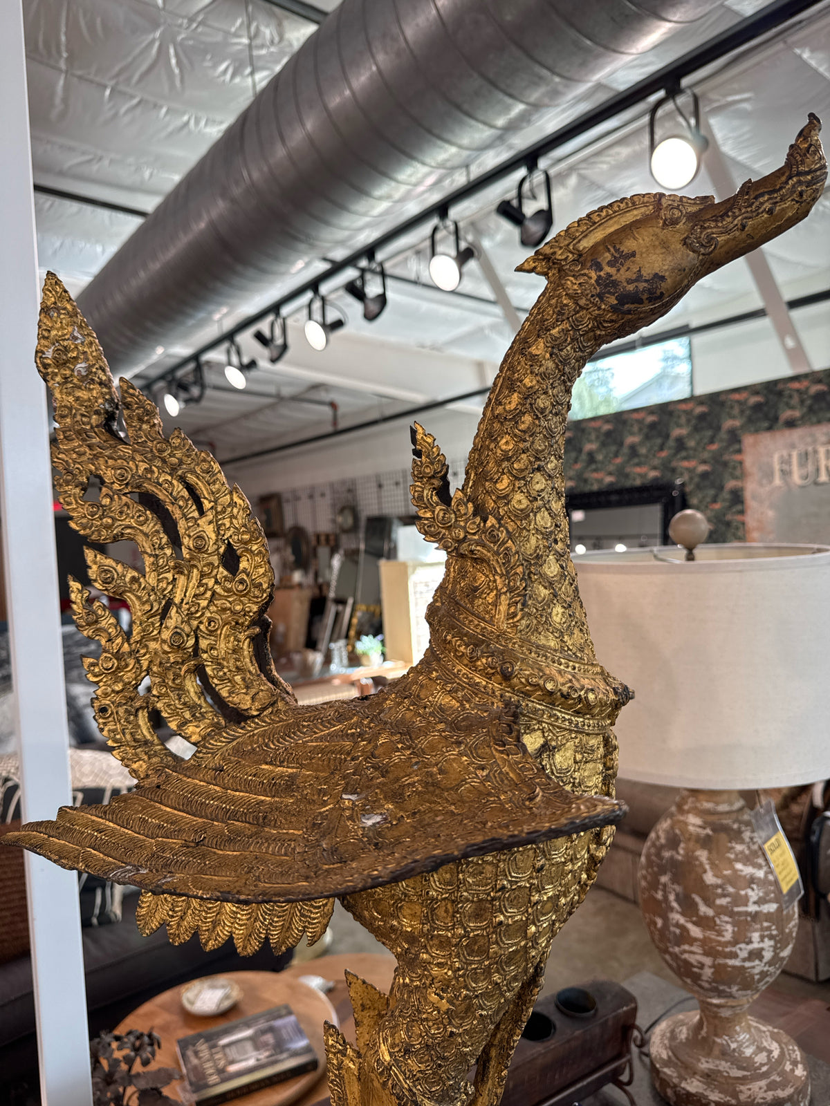 Vintage Bronze Thai Bird Sculpture Gold Gilt-Wood Base w/Clay/Metal Stand