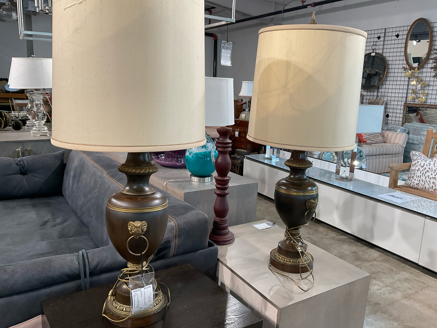 Vintage Pair of Wood and Bronze Urn Lamp w/ Ram Detail