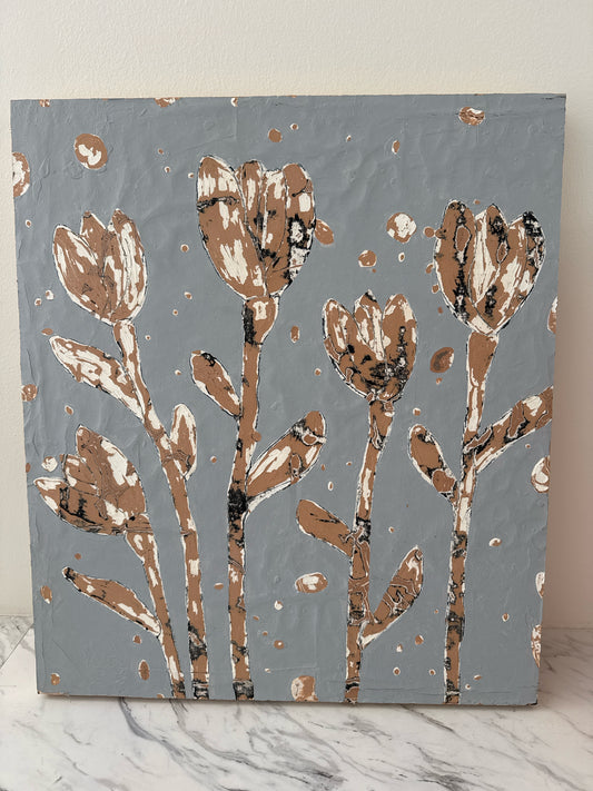 Original Oil on Canvas Panel "Five Flowers on Grey" by Erik Gonzales, 20"x23"