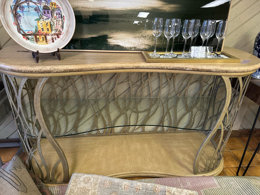 Travertine Top Console Table with Middle Glass Shelf