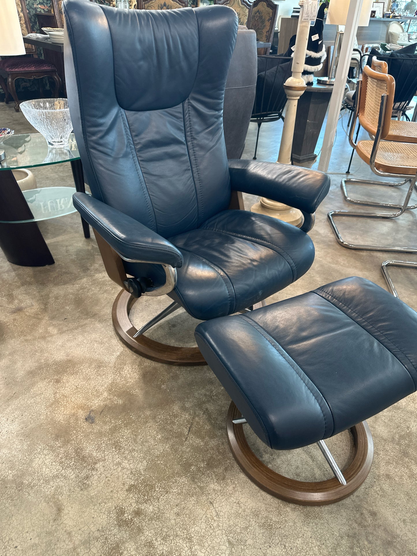 Ekornes Stressless Oxford Blue Leather Chair & Ottoman w/ Walnut