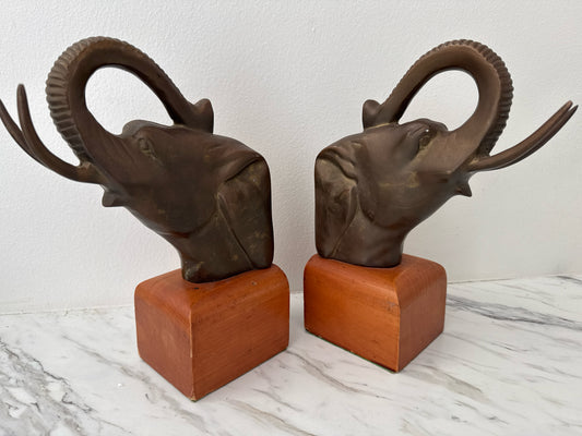 PAIR of Vintage Dolbi Cashier Brass Elephant on Wood Base Bookends