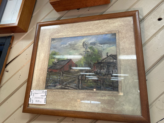 Signed Original Barn/Windmill in Wood Frame 20.5 x 18