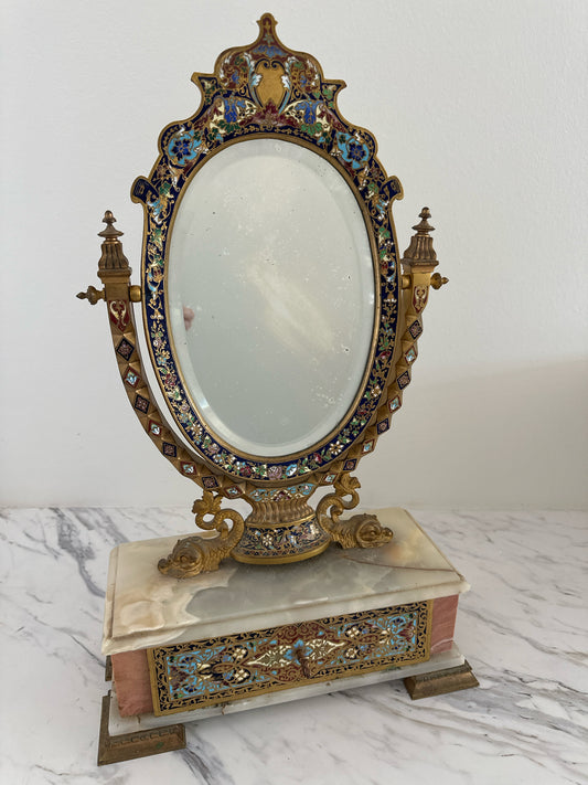 Antique Cloisonne Alabaster Brass Vanity Mirror w/Drawer