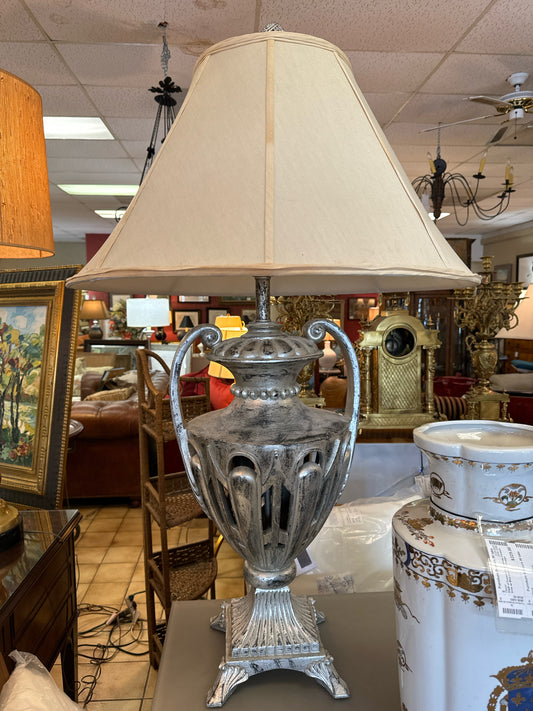 PAIR of Large Silver Urn Style Lamps with Cream Shades