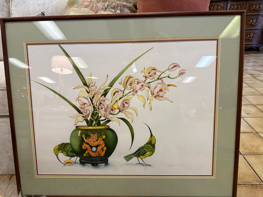 Original Watercolor- Asian Pot with Orchids- Brown Wood Frame
