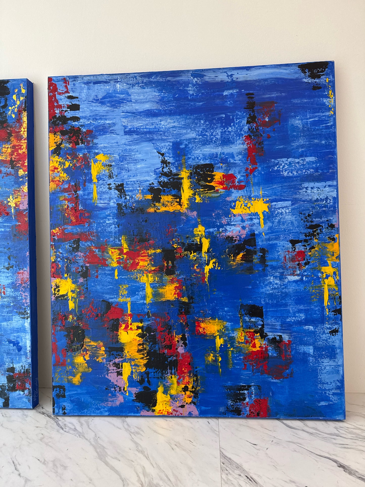 Original Oil Frameless Canvas Blue Abstract by Kate Cummins, Canada 30 x 36"