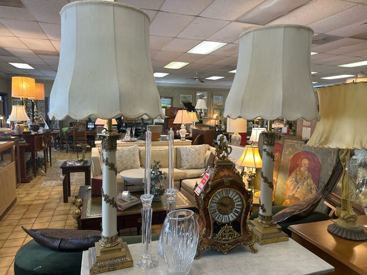 PAIR Vintage Column Brass Lamps w/ Shades @ Desk