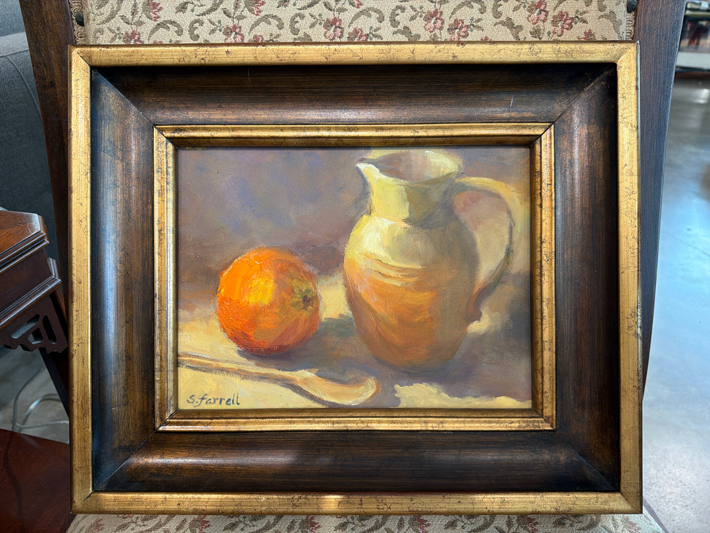 Still Life Pitcher & Orange by S. Ferrell, Brown/Gold Frame