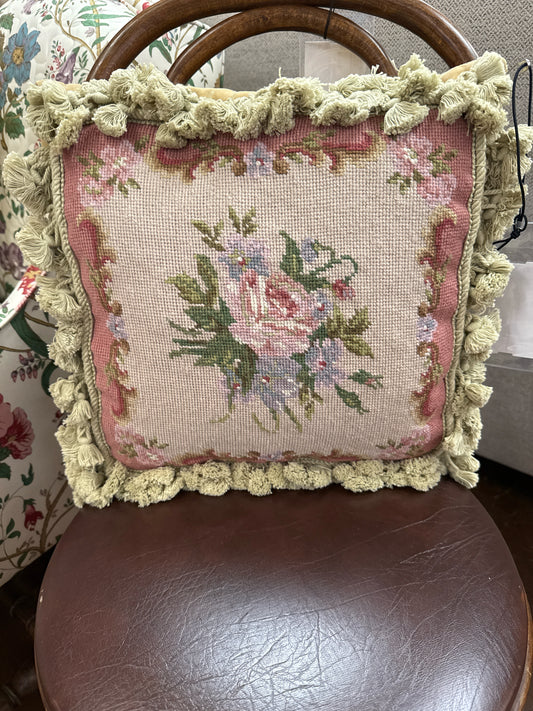 Tapestry Pink Floral Pillow- Square Velvet w/ Fringe (15x15)