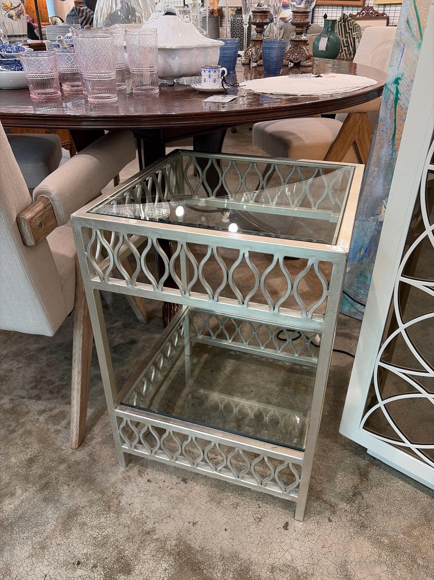 Modern Beveled Glass/Metal Side Table w/Lower Glass Shelf