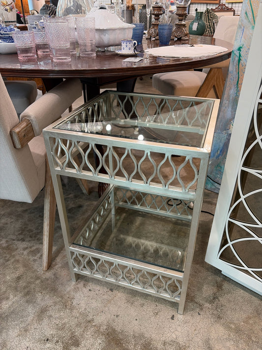 Modern Beveled Glass/Metal Side Table w/Lower Glass Shelf