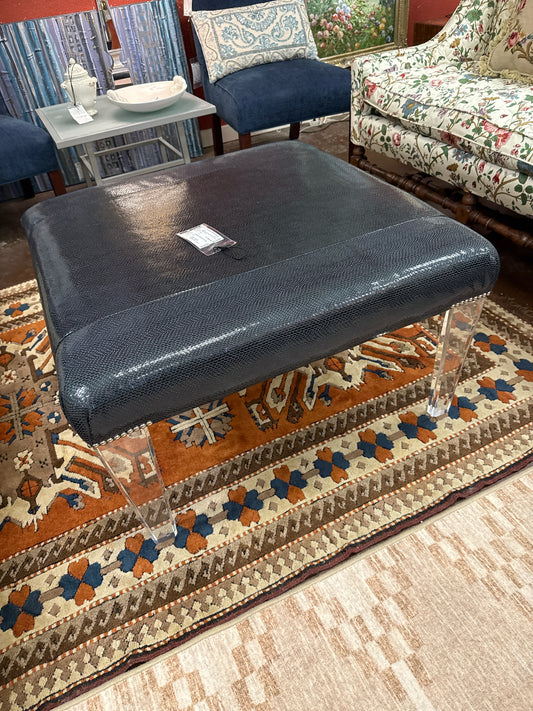 Century Garrett Navy Leather Ottoman w/ Acrylic Legs
