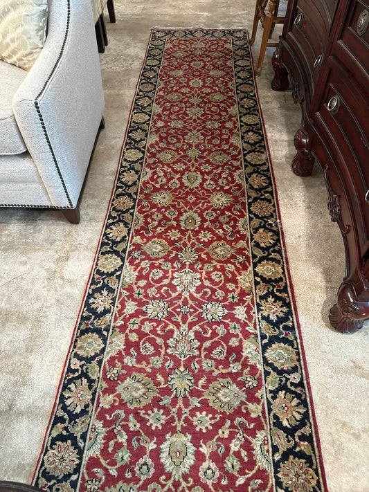 (128" x 30") Hand Knotted 100% Wool Runner Rug Burgundy/Black