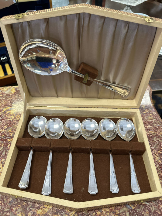 Antique Silver Plated Soup Set w/6 Spoon & Serving Spoon