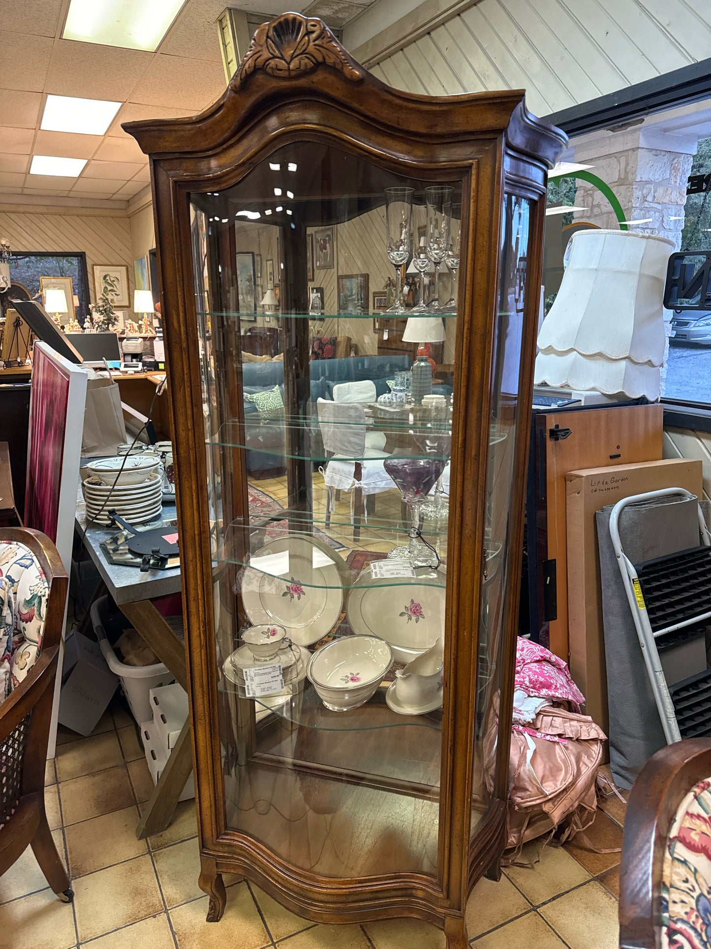 Curved Wood China/Curio Cabinet with 4 Glass Shelves