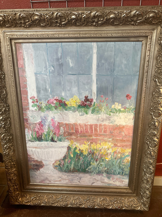 Original Oil Impressionistic Window Floral (by Henrietta Milan, Texas 43x53")