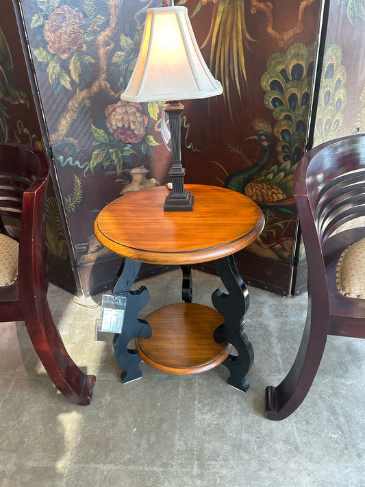 Pier One Imports Round Wood/Black Scroll Legs With Bottom Shelf 20" X 23" T