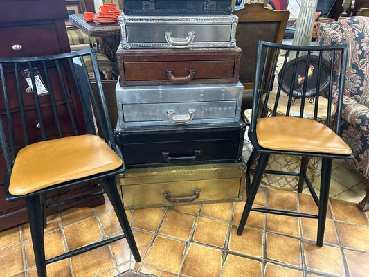 Pair - Counter Stools Black w/ Brown Leather Pad