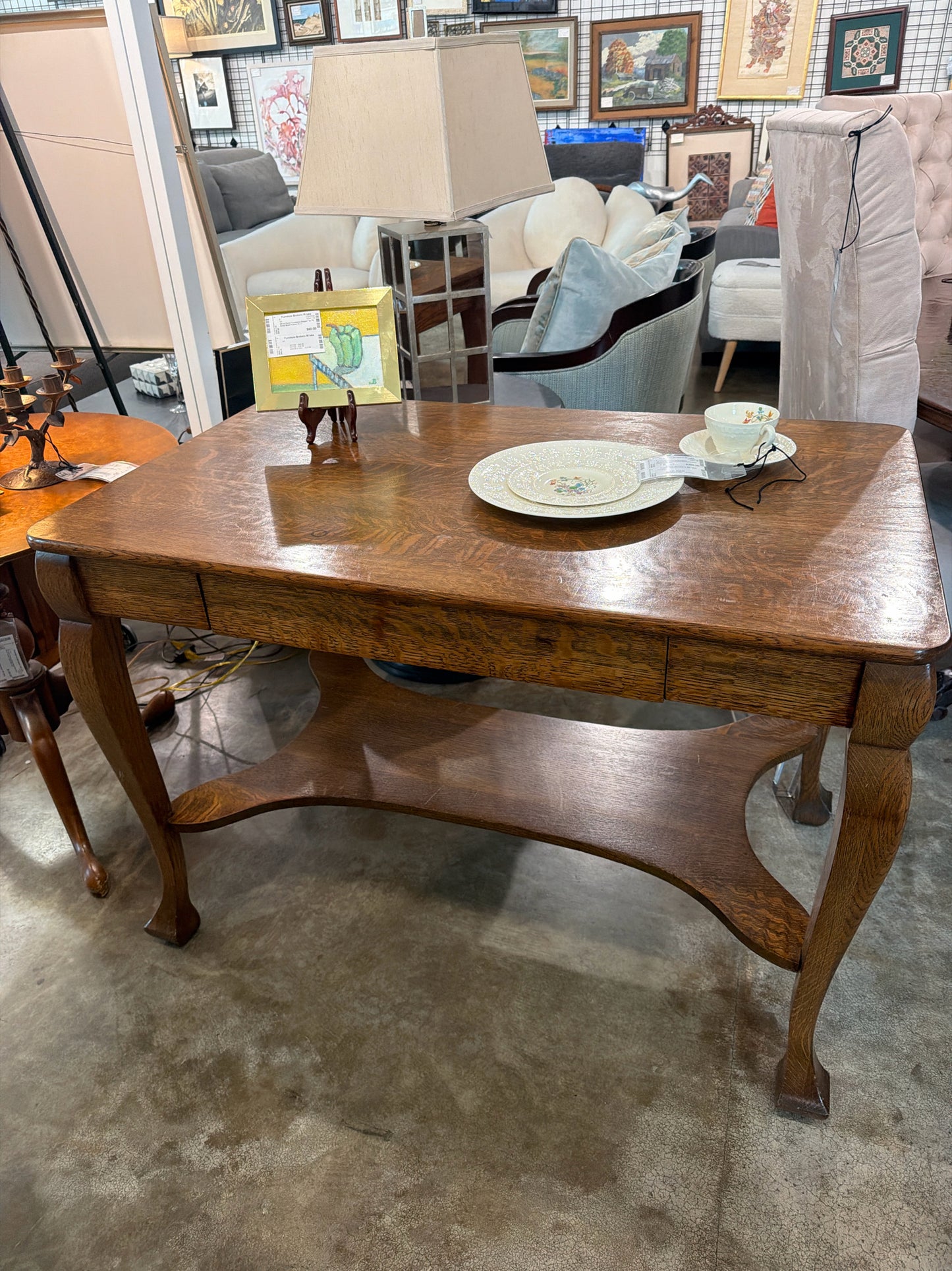 Vintage Tiger Oak Wood 1-Drawer Library Table