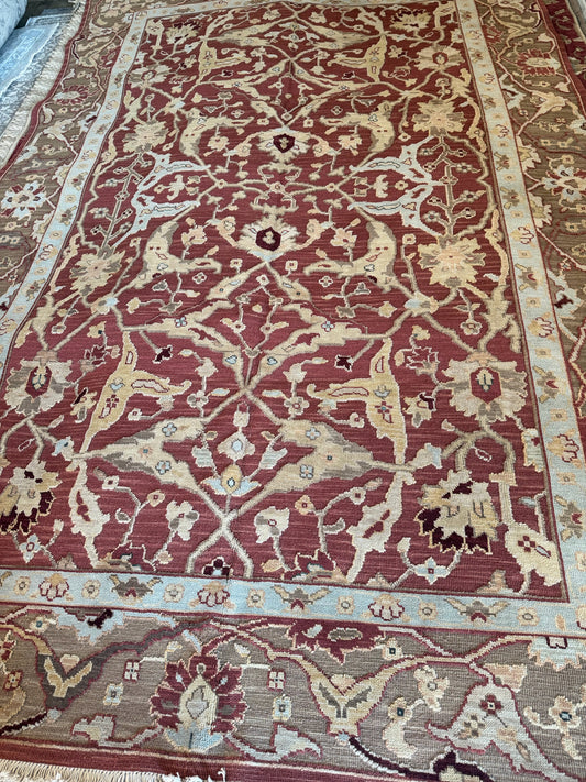 NEW Sufi Wool Hand Woven & Knotted Rug 5'10" x 8'10" Rust/Tan/Blue