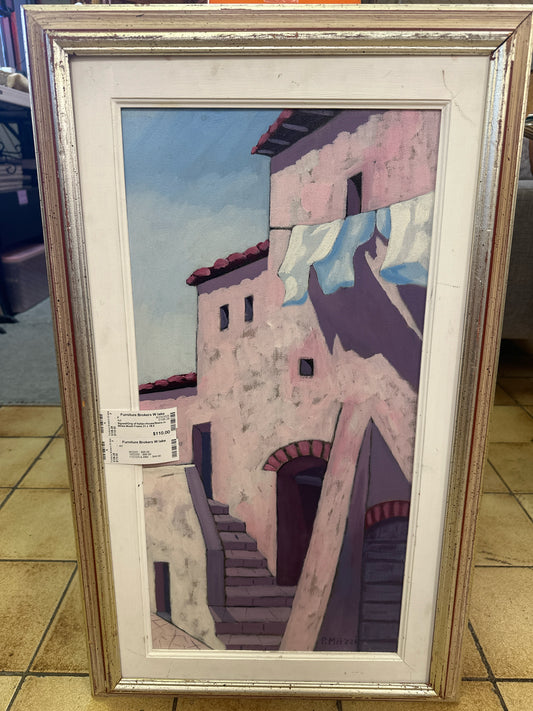 Signed/Orig of Italian House/Stairs in White Wash Frame 31 x 18.5