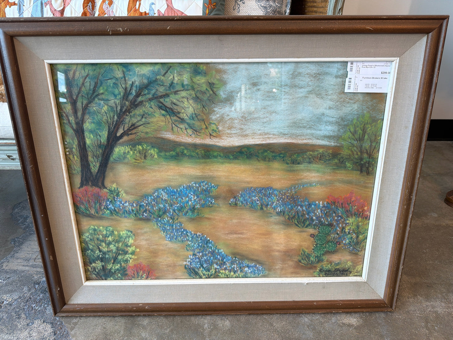 Vintage Pastel of Bluebonnets Signed Rose Byrd 29 x 23