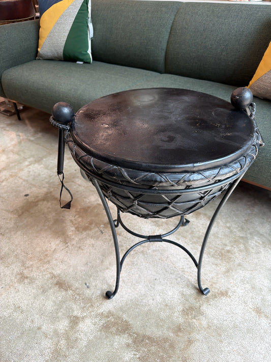 Arhaus Indian Rawhide Metal Drum Side Table
