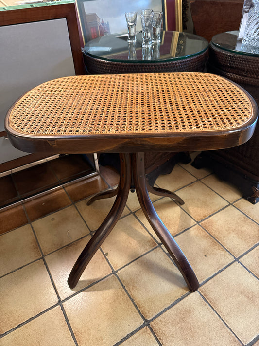 Vintage Side Table with Cane Oval Top and Wood Pedestal Base