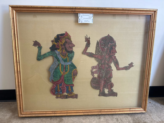 Indonesian Puppet Shadow Box of 2 Figures-Gold Frame 33 x 27