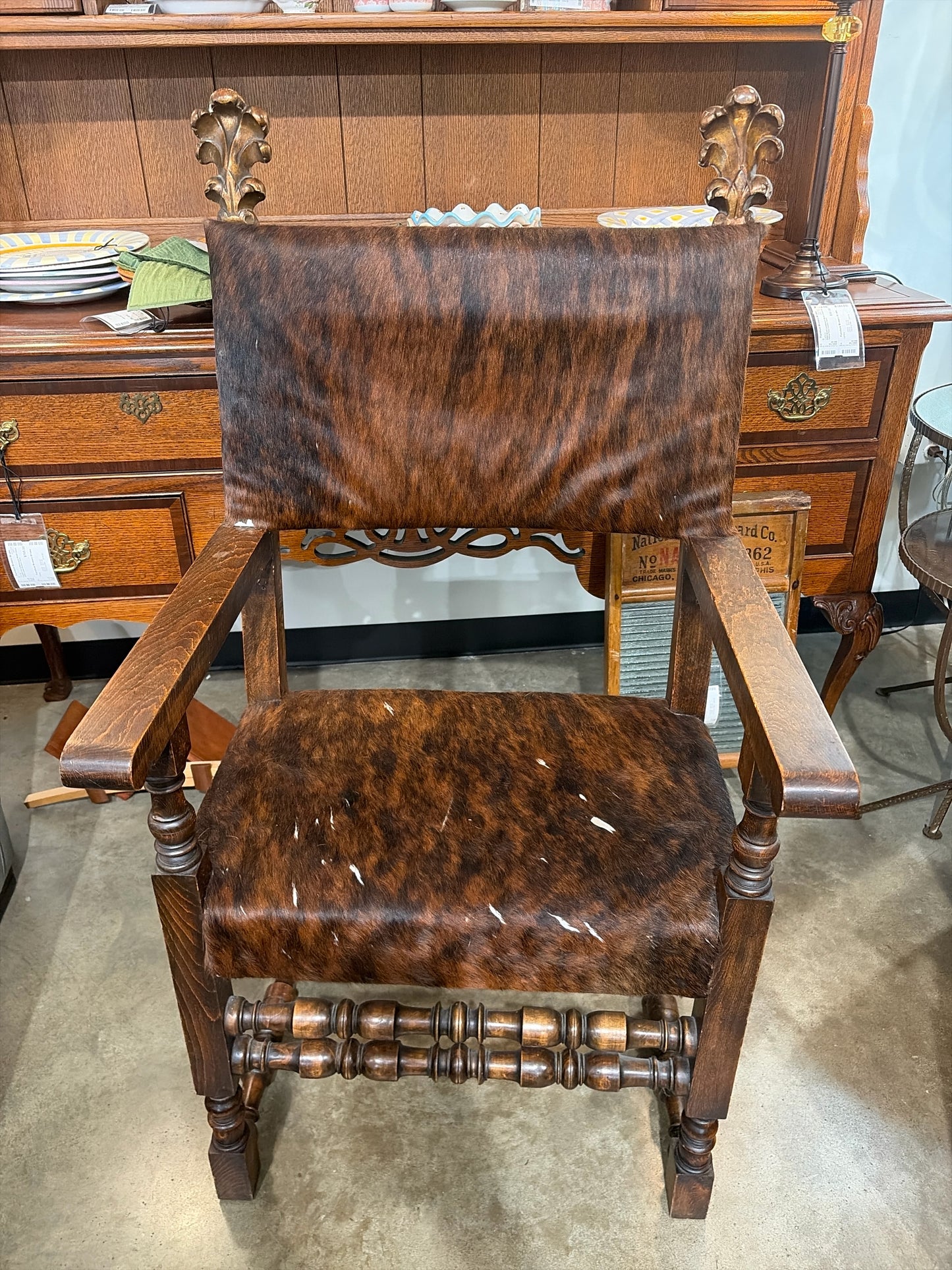 Pair Antique-19th Century Spanish Accent Chairs w/Cowhide Seat/Back