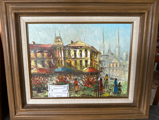 Original Oil of People in Square in Wood Frame