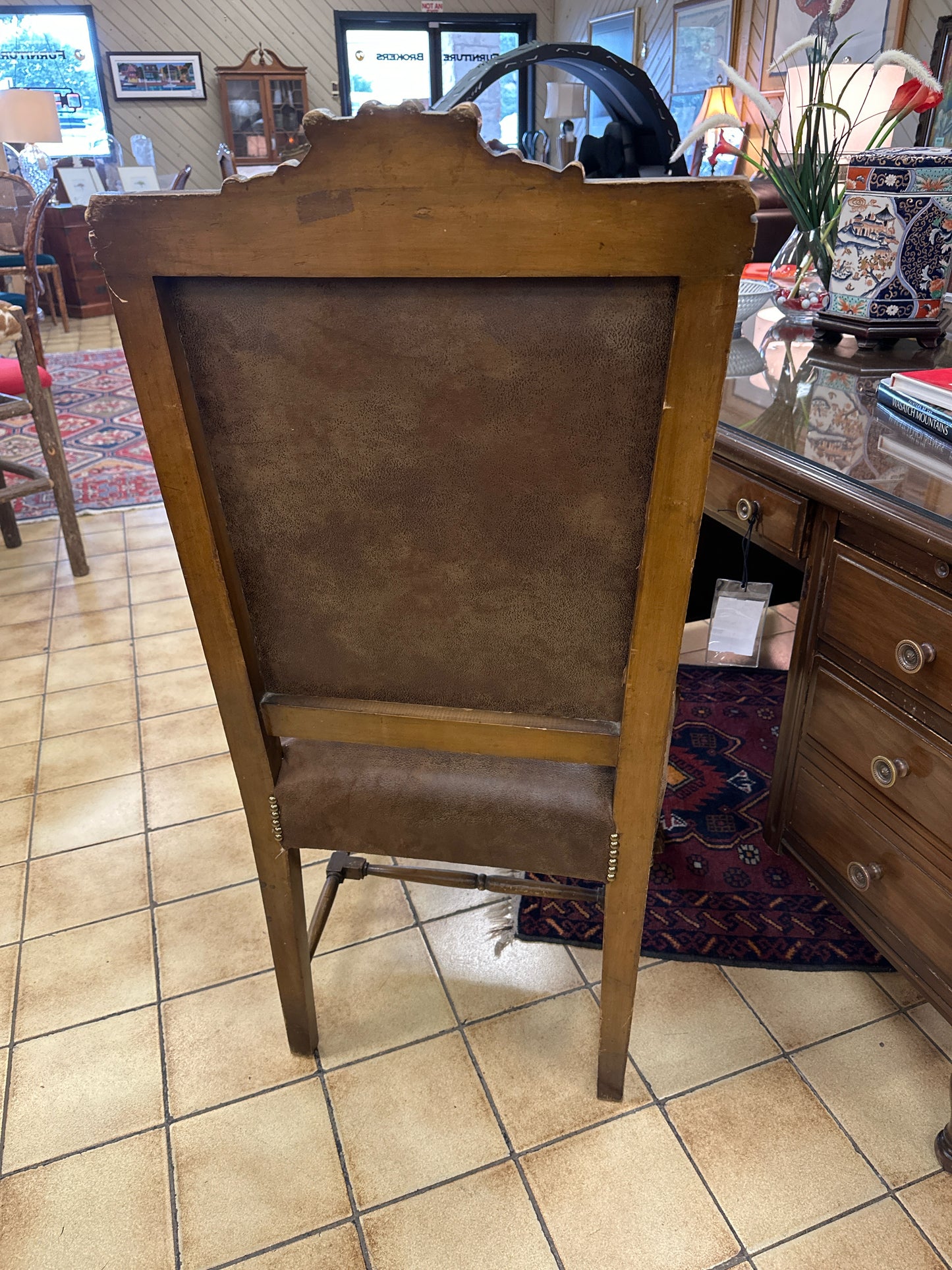 PAIR Brown Suede Carved Wood Arm Chairs