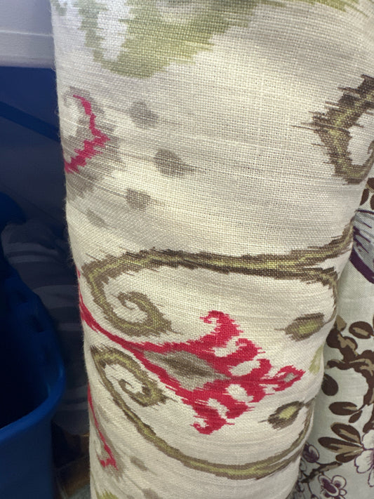 Ikat Green/White Linen Fabric- 2 Cuts-5 3/8 & 12.5