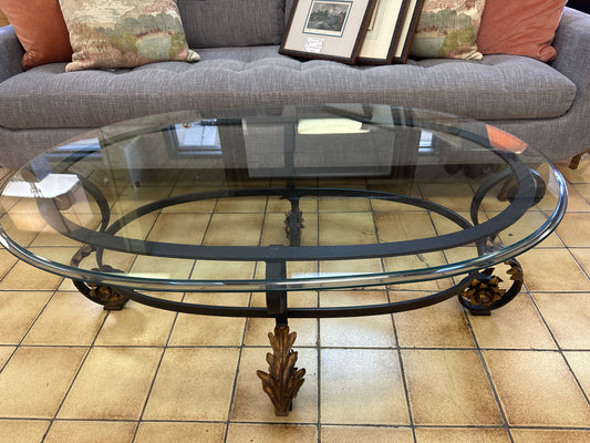 Wrought Iron Base Beveled Glass Oval Coffee Table