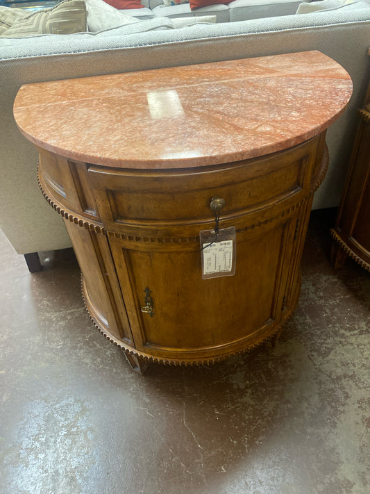 Demi Lune Brown Wood Night Stand Coral Marble Top