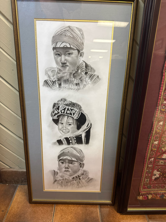 Signed Pencil of 3 Indonesia Kids in Brown Frame 16x32