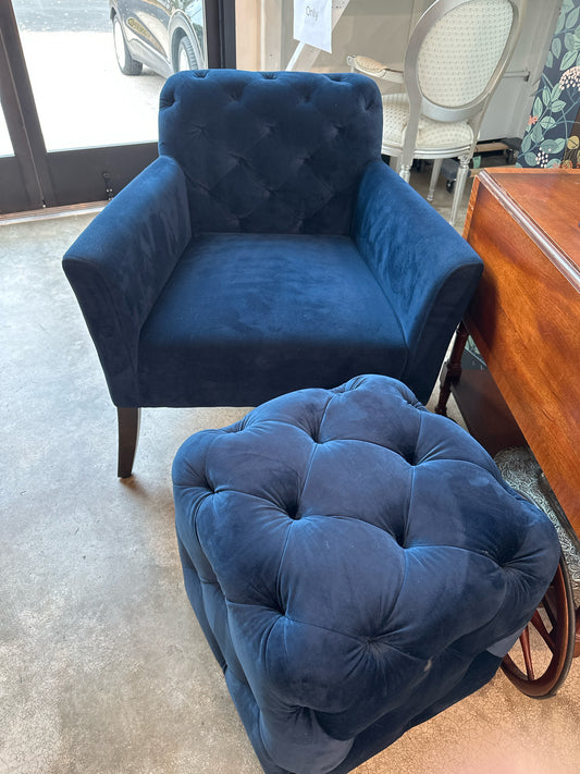 Royal Blue Button Back Chair & Ottoman