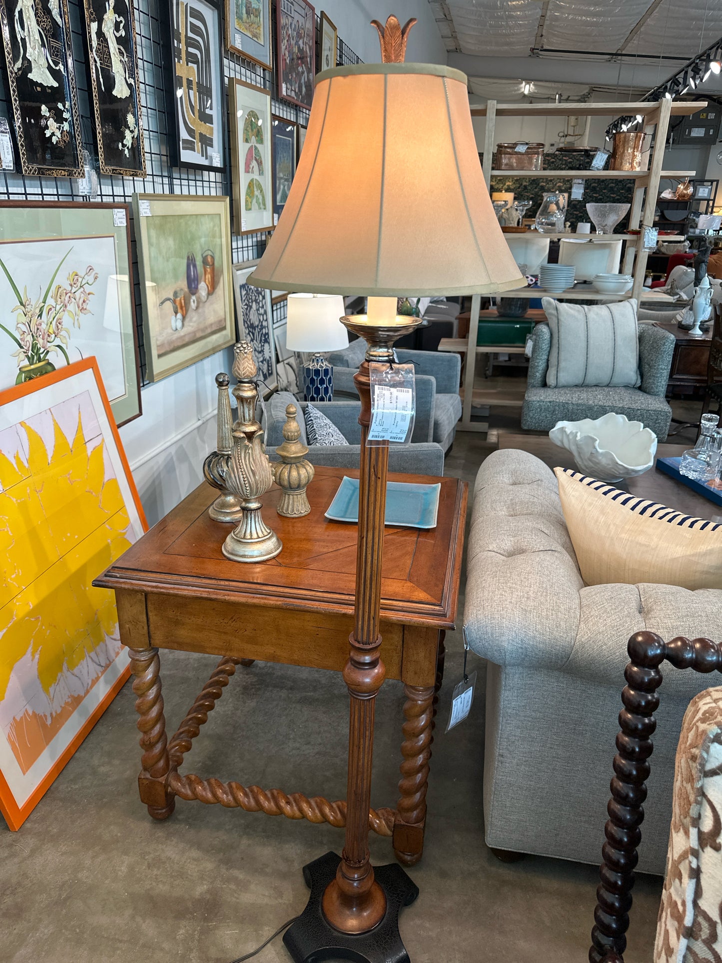 Wood Column Floor Lamp w/ Tan Silk Shade