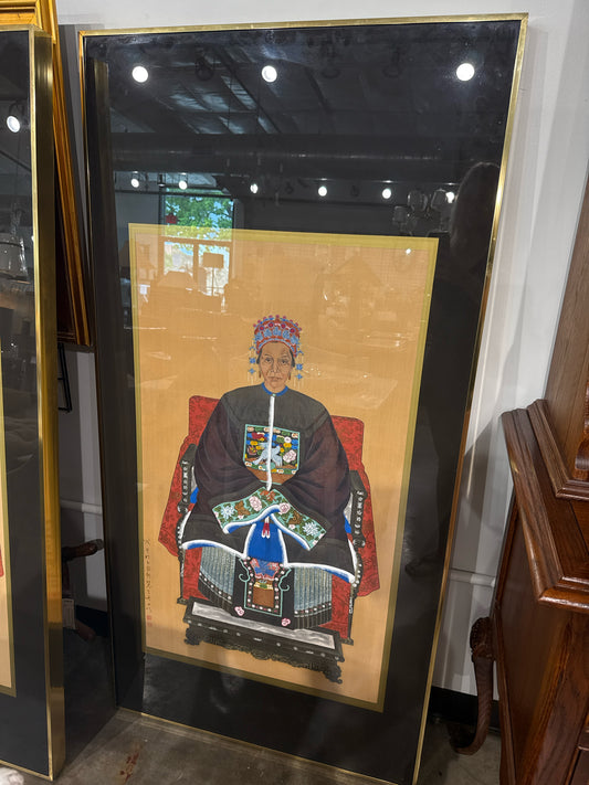 Vintage Framed Watercolor & Gouache Chinese Ancestor Portrait Painting on Silk