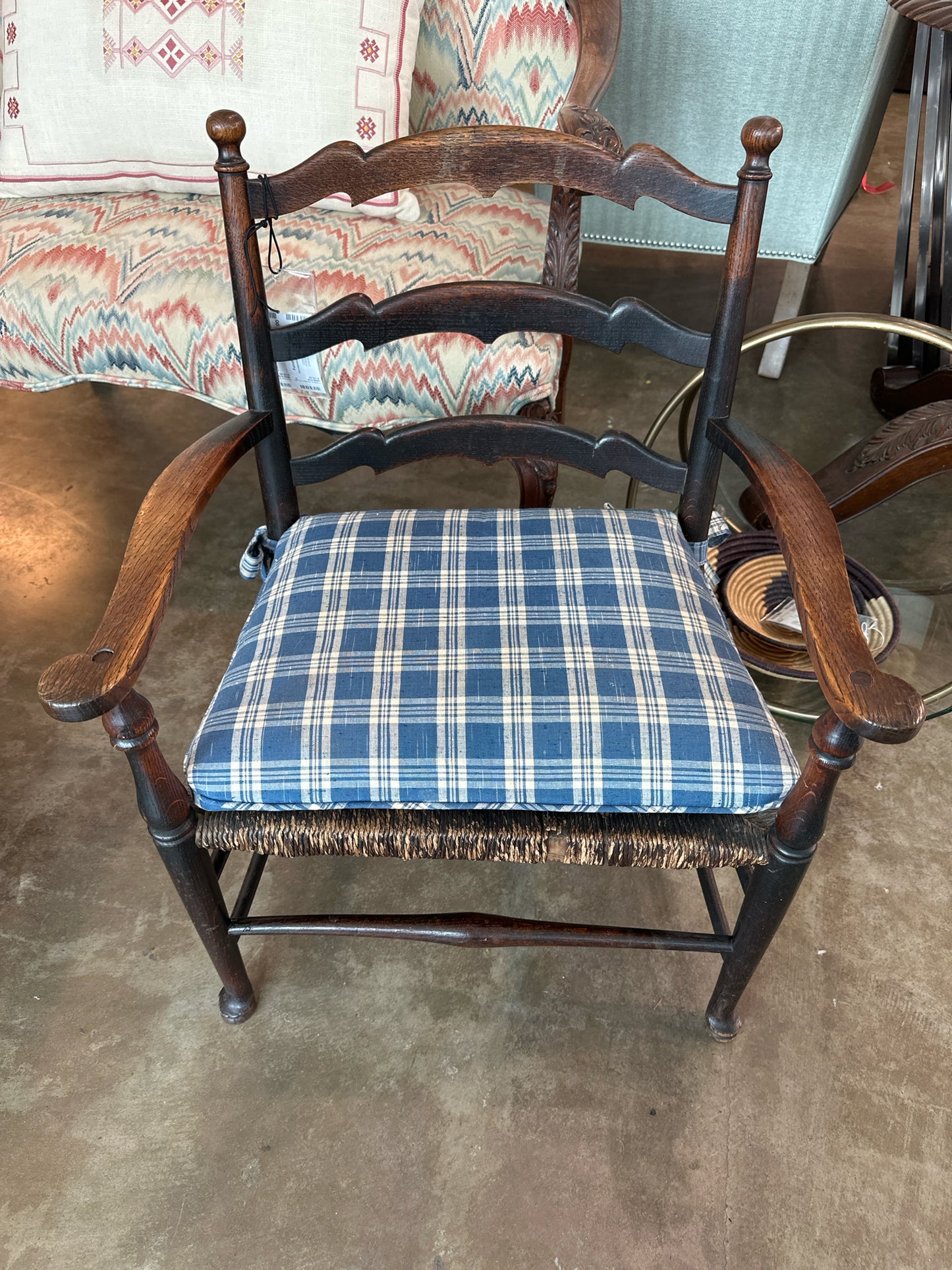 Antique French Ladderback Child's Chair w/ Blue Seat Cushion