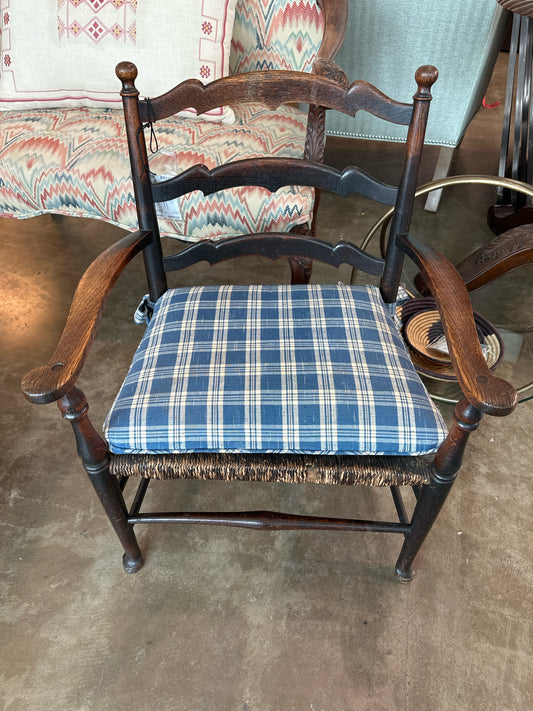 Antique French Ladderback Child's Chair w/ Blue Seat Cushion