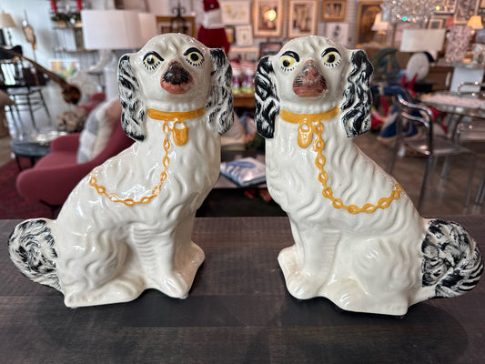 PAIR of 10"  Vintage Staffordshire England Porcelain White Mantle Dogs