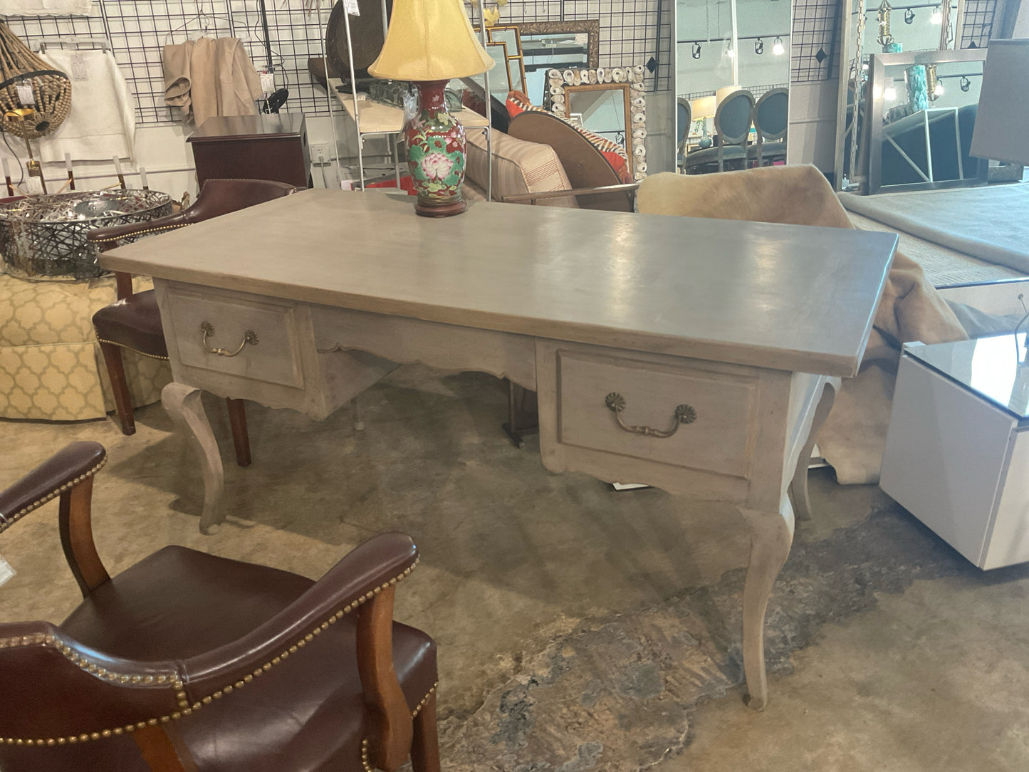 Round Top, Provincial Style Desk w/ Brass Pulls, Grey Wash - 66W x 32D x 31H