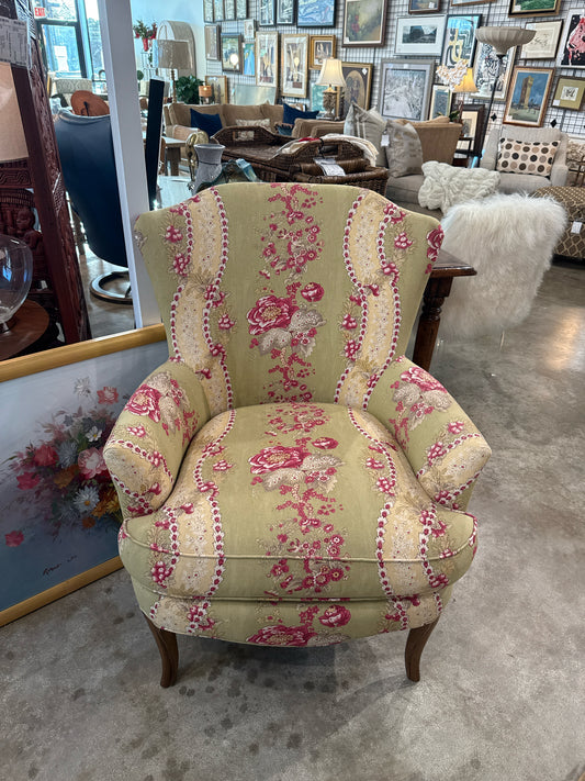 Floral Wingback Chair w/Wood Legs Lt.Green/Pink